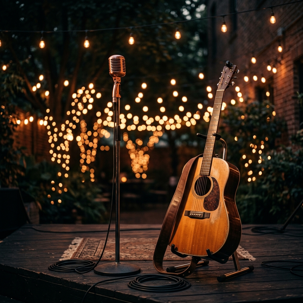 Moody cinematic stage with acoustic guitar and microphone